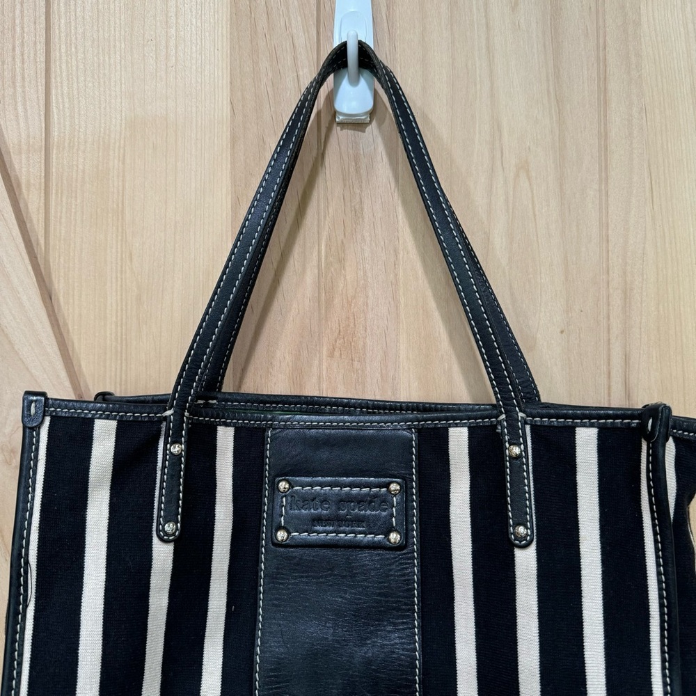 Kate Spade Griffen Tote Black Cream Stripe Cloth Leather Shoulder Bag - Picture 8 of 15